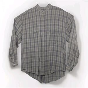Priatti Collarless Mens Button Down Casual Shirts Gray Plaid Collarless Cotton M